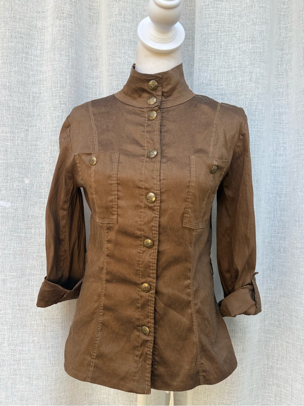 iKiTo , France brown chocolate sheen snap button down stretch jacket  blouse